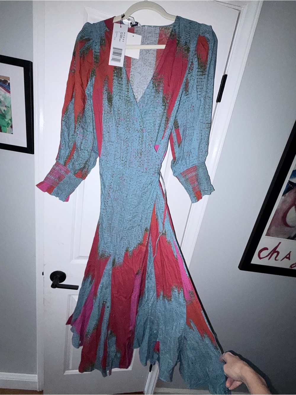 RHODE Teal Dress with Coral and Pink Brushstroke Print